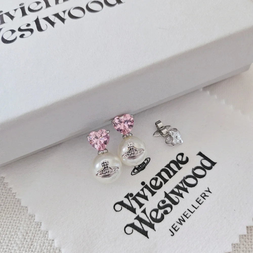 Vivienne Westwood Pink Heart Rhinestone Pearl Drop Stud Earrings 125$